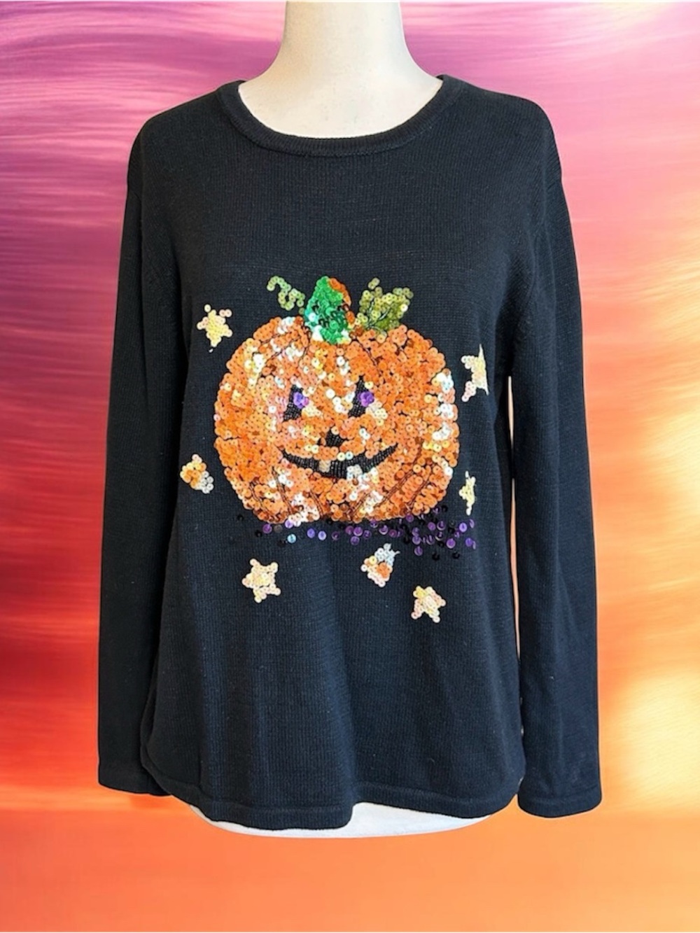Peek A Boo Halloween Sequin Jack-o'-lantern Sweater Womens size Large